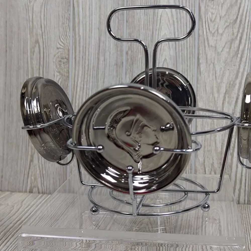 Vintage Kimiko Coaster Set 4 Pewter Silver Roman Gladiator Logo Crest w/ Holder